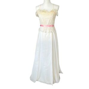 VTG 60s 70s ivory pink lace maxi dress formal prom dance women small union made